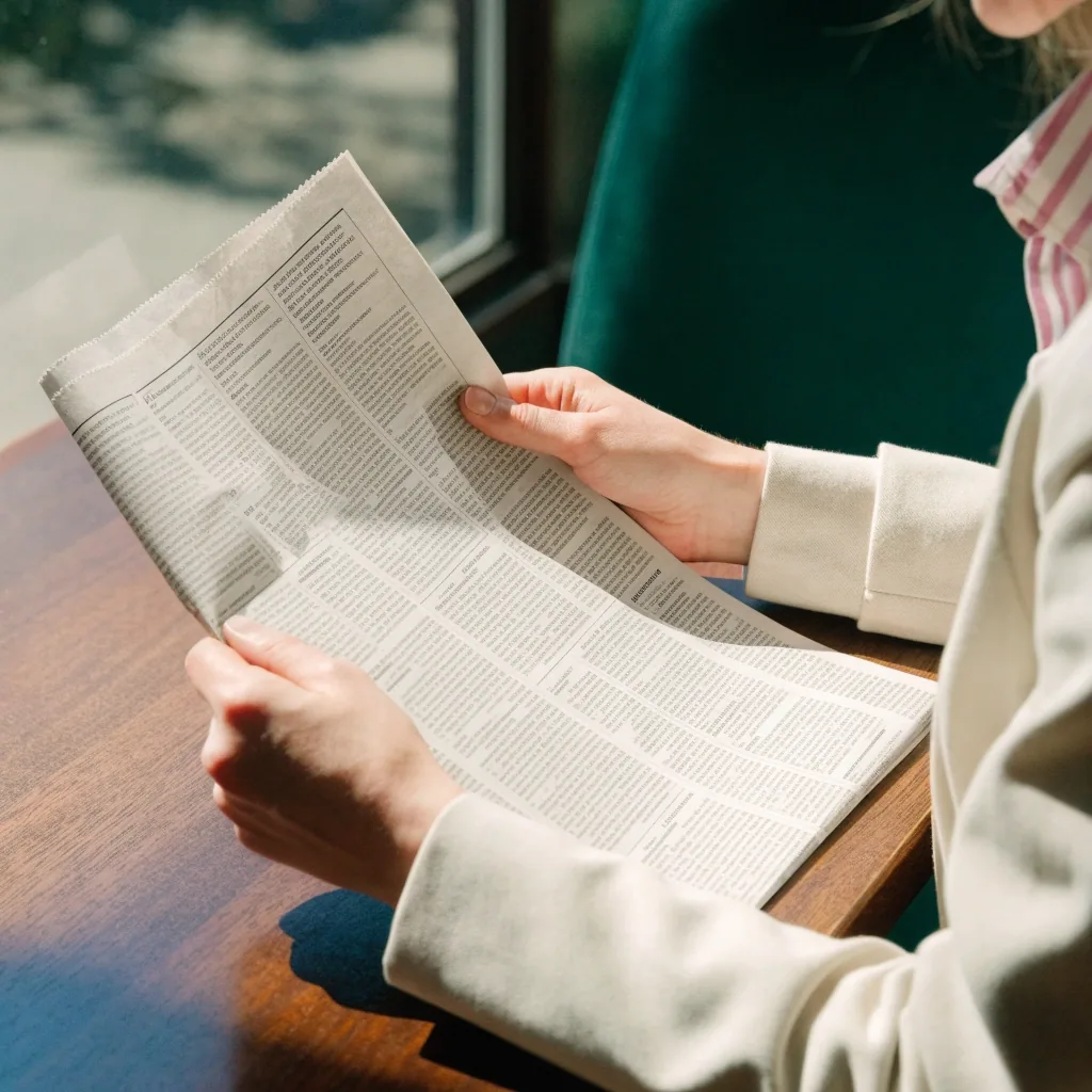 Hände einer Leserin halten eine zusammengefaltete Tageszeitung am Cafétisch im warmen Abendlicht