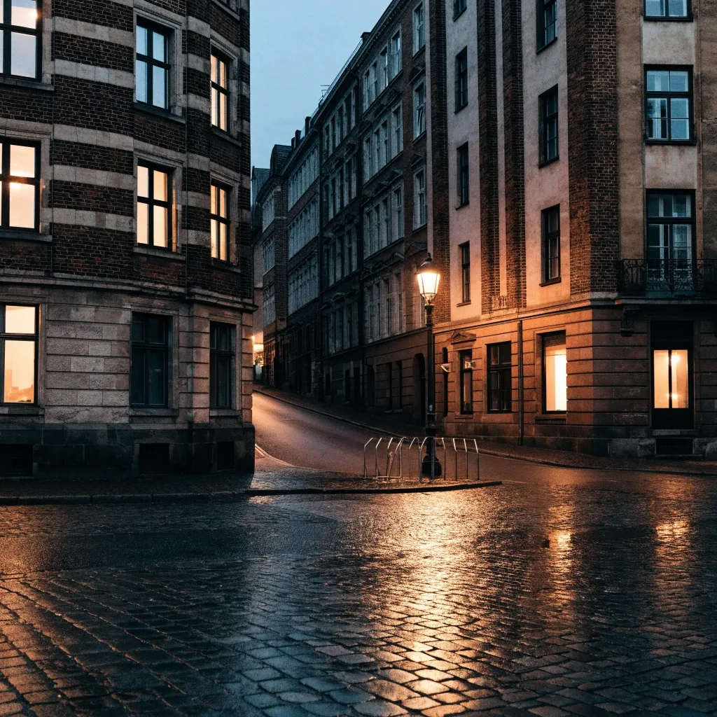 Straßenecke in Hamburg in der Abenddämmerung nahe der Redaktion