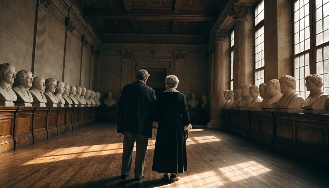 Lesesaal und Antiquariat am späten Nachmittag, warmes Seitenlicht zwischen Regalen