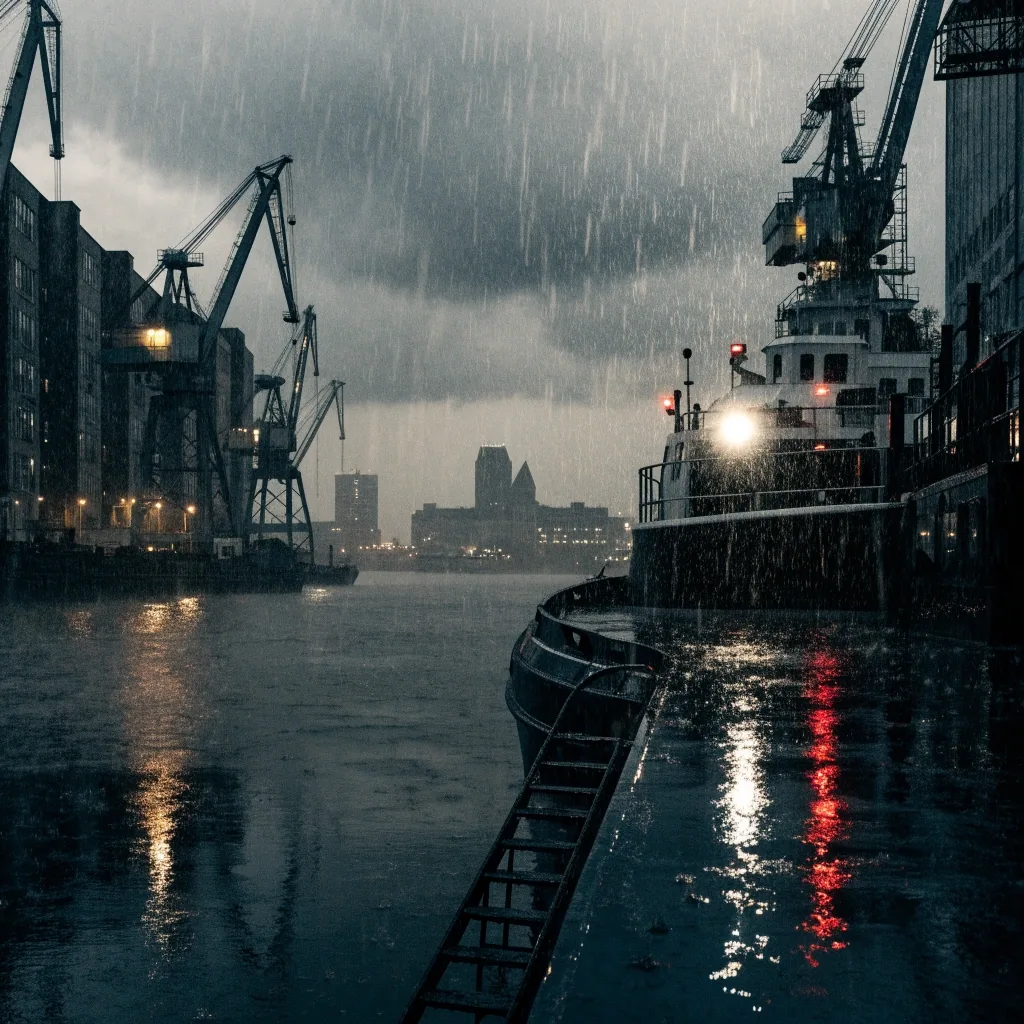 Containerterminal im Hamburger Hafen bei Nieselregen in der Abenddämmerung