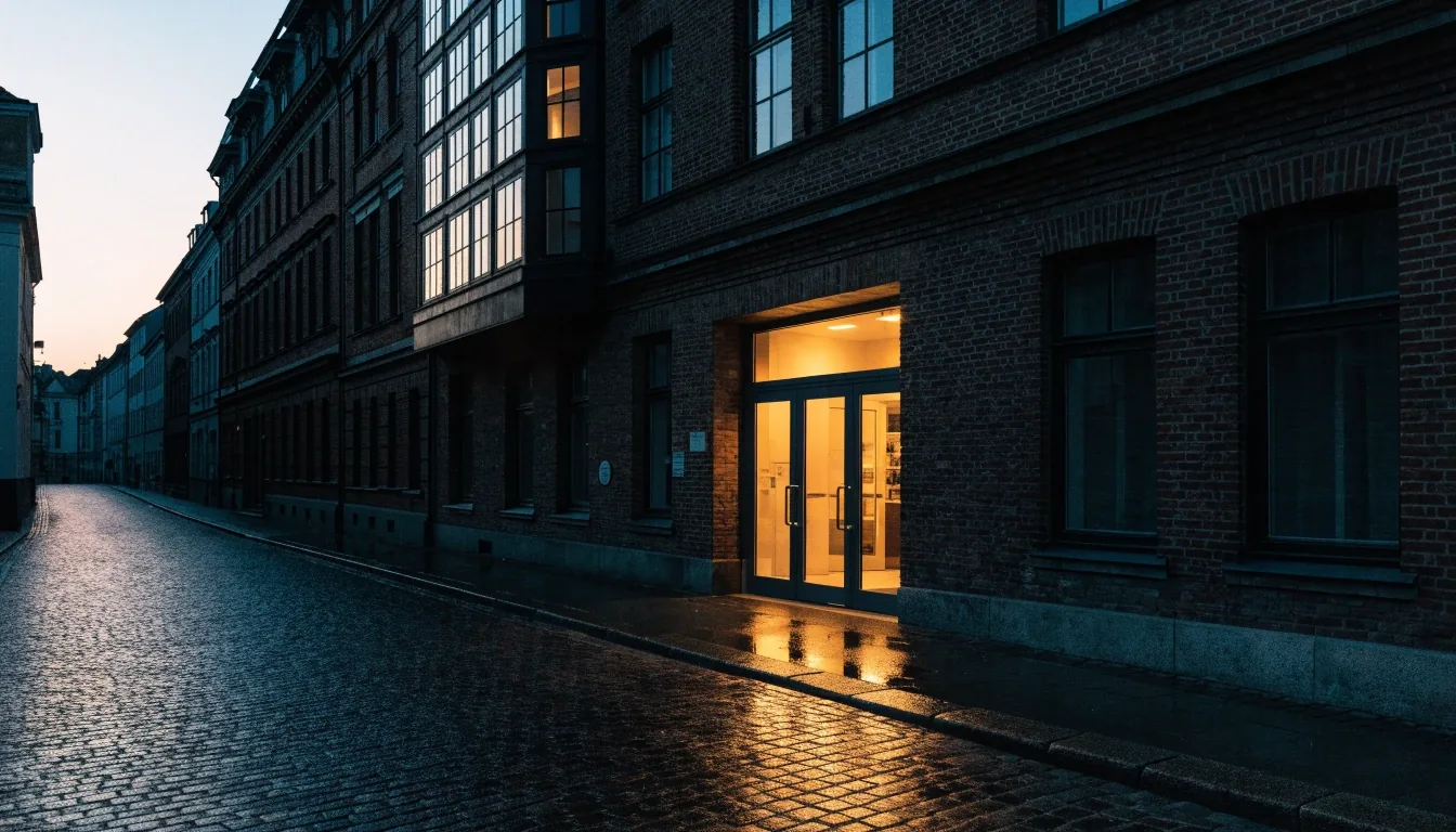 Redaktionstisch in Hamburg im letzten Abendlicht, Aktenmappe und Notizen ohne lesbaren Text