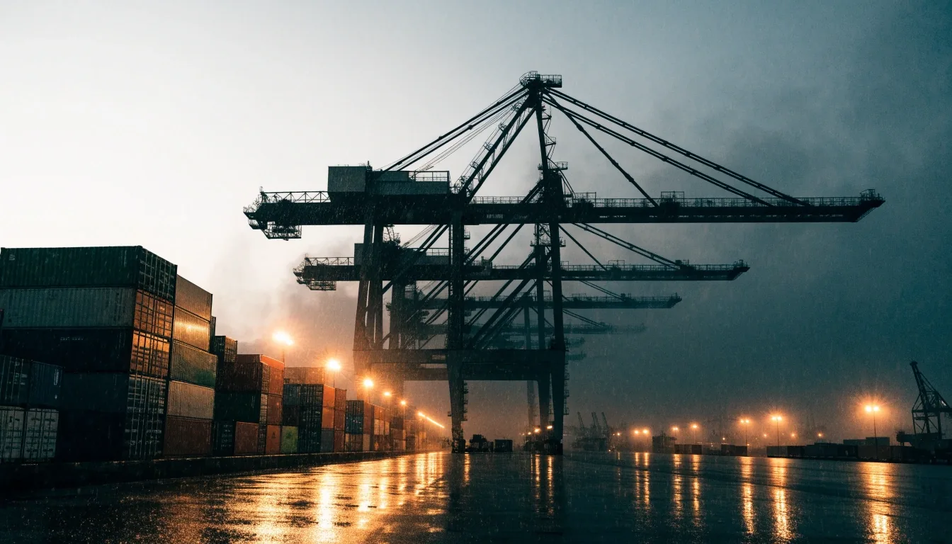Containerterminus an der Nordsee in der Dämmerung bei leichtem Regen