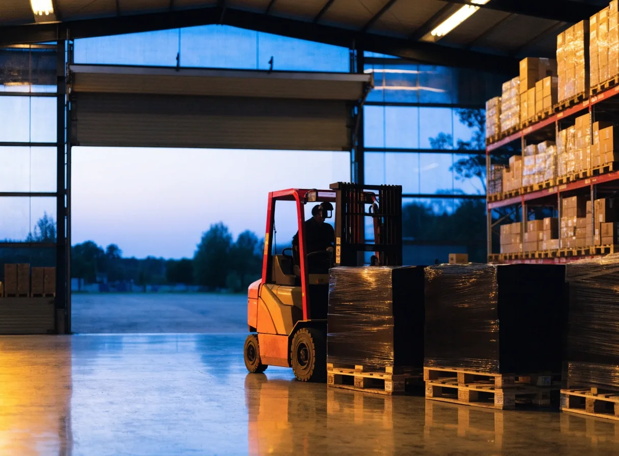 Logistikhof eines Betriebs in der Dämmerung mit Mitarbeiter zwischen Paletten