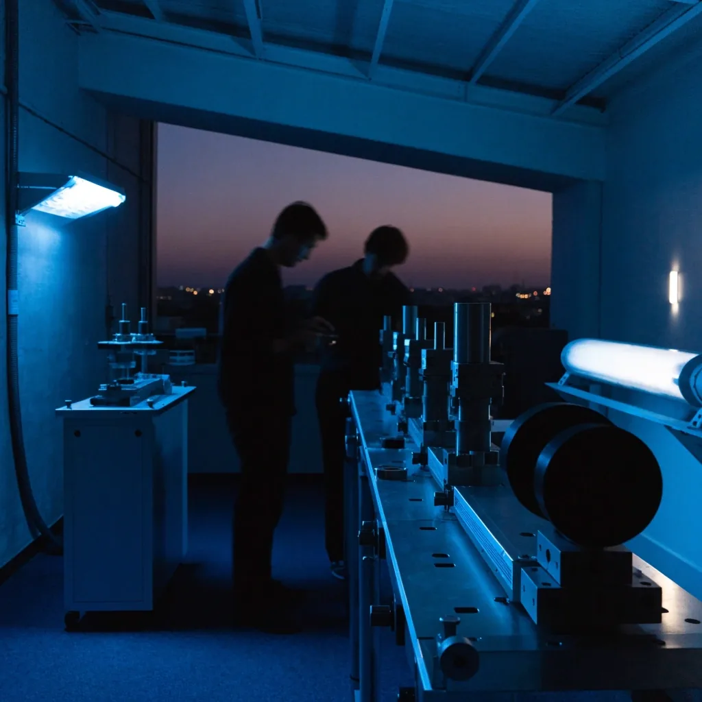 Physiklabor in Hamburg bei spätem Licht mit optischem Aufbau